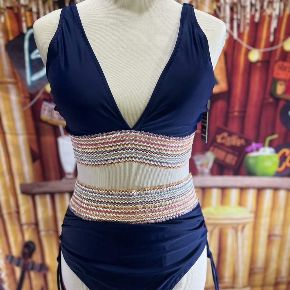 Blooming Jelly Smocked High Waist Bikini | Large | Navy Blue | NWT